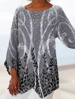 Best Women's Blouse Long Sleeve Asymmetrical Hem Chiffon Daily Basic Leaf Print Long Tops Round Neck Casual Holiday Blue Green Gray Fall & Winter Women Chiffon Tops