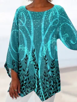 Best Women's Blouse Long Sleeve Asymmetrical Hem Chiffon Daily Basic Leaf Print Long Tops Round Neck Casual Holiday Blue Green Gray Fall & Winter Women Chiffon Tops