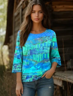 Best Women's Blouse Long Sleeve Graphic Abstract Bohemia Vintage Ethnic 3/4 Length Sleeve Crew Neck Regular Tops Daily Vacation Wear Print Blue Purple Orange Summer Spring Women Blouses & Shirts
