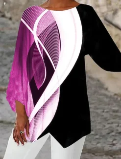 Hot Women's Blouse Long Sleeve Asymmetrical Hem Graphic Geometric Stylish Beach 3/4 Length Sleeve Crew Neck Regular Tops Daily Print Black Pink Blue Green Spring Fall Women Blouses & Shirts
