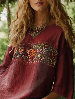 Online Women's Blouse Long Sleeve Floral Graphic Bohemia Daily Ethnic 3/4 Length Sleeve Crew Neck Boat Neck Regular Tops Daily Holiday Vacation Wear Print Black Red Orange Beige Summer Spring Women Blouses & Shirts