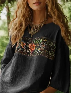 Online Women's Blouse Long Sleeve Floral Graphic Bohemia Daily Ethnic 3/4 Length Sleeve Crew Neck Boat Neck Regular Tops Daily Holiday Vacation Wear Print Black Red Orange Beige Summer Spring Women Blouses & Shirts