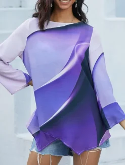 Hot Women's Blouse Long Sleeve Asymmetrical Hem Tunic Top Chiffon Stylish Neon & Bright Ombre Print Asymmetric Hem Long Tops Round Neck Casual Daily Pink Purple Orange Green Gray Spring Fall Women Blouses & Shirts|Chiffon Tops