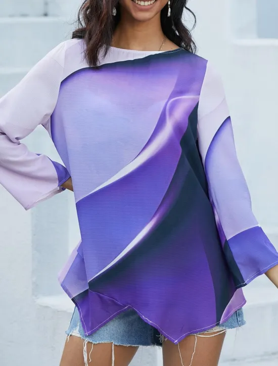 Hot Women's Blouse Long Sleeve Asymmetrical Hem Tunic Top Chiffon Stylish Neon & Bright Ombre Print Asymmetric Hem Long Tops Round Neck Casual Daily Pink Purple Orange Green Gray Spring Fall Women Blouses & Shirts|Chiffon Tops