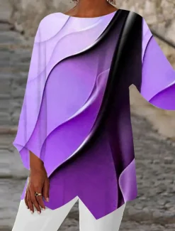 Hot Women's Blouse Long Sleeve Asymmetrical Hem Tunic Top Chiffon Stylish Neon & Bright Ombre Print Asymmetric Hem Long Tops Round Neck Casual Daily Pink Purple Orange Green Gray Spring Fall Women Blouses & Shirts|Chiffon Tops