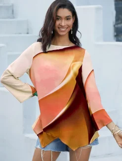 Hot Women's Blouse Long Sleeve Asymmetrical Hem Tunic Top Chiffon Stylish Neon & Bright Ombre Print Asymmetric Hem Long Tops Round Neck Casual Daily Pink Purple Orange Green Gray Spring Fall Women Blouses & Shirts|Chiffon Tops