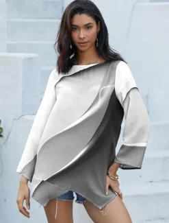 Hot Women's Blouse Long Sleeve Asymmetrical Hem Tunic Top Chiffon Stylish Neon & Bright Ombre Print Asymmetric Hem Long Tops Round Neck Casual Daily Pink Purple Orange Green Gray Spring Fall Women Blouses & Shirts|Chiffon Tops