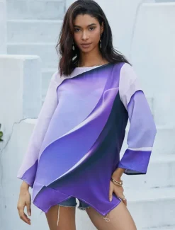 Hot Women's Blouse Long Sleeve Asymmetrical Hem Tunic Top Chiffon Stylish Neon & Bright Ombre Print Asymmetric Hem Long Tops Round Neck Casual Daily Pink Purple Orange Green Gray Spring Fall Women Blouses & Shirts|Chiffon Tops