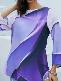 Hot Women's Blouse Long Sleeve Asymmetrical Hem Tunic Top Chiffon Stylish Neon & Bright Ombre Print Asymmetric Hem Long Tops Round Neck Casual Daily Pink Purple Orange Green Gray Spring Fall Women Blouses & Shirts|Chiffon Tops