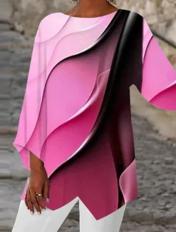 Hot Women's Blouse Long Sleeve Asymmetrical Hem Tunic Top Chiffon Stylish Neon & Bright Ombre Print Asymmetric Hem Long Tops Round Neck Casual Daily Pink Purple Orange Green Gray Spring Fall Women Blouses & Shirts|Chiffon Tops