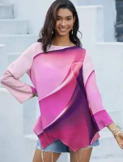 Hot Women's Blouse Long Sleeve Asymmetrical Hem Tunic Top Chiffon Stylish Neon & Bright Ombre Print Asymmetric Hem Long Tops Round Neck Casual Daily Pink Purple Orange Green Gray Spring Fall Women Blouses & Shirts|Chiffon Tops