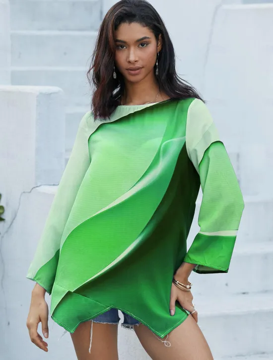 Hot Women's Blouse Long Sleeve Asymmetrical Hem Tunic Top Chiffon Stylish Neon & Bright Ombre Print Asymmetric Hem Long Tops Round Neck Casual Daily Pink Purple Orange Green Gray Spring Fall Women Blouses & Shirts|Chiffon Tops