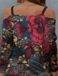 Outlet Women's Blouse Long Sleeve V Neck Fashion Floral Print Cold Shoulder Regular Tops Off Shoulder Casual Holiday Red Blue Purple Spring & Fall Women Spring Tops