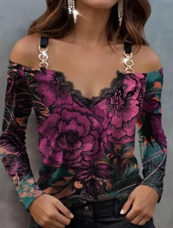 Outlet Women's Blouse Long Sleeve V Neck Fashion Floral Print Cold Shoulder Regular Tops Off Shoulder Casual Holiday Red Blue Purple Spring & Fall Women Spring Tops