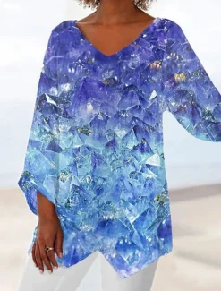 Discount Women's Blouse Long Sleeve Asymmetrical Hem Floral Graphic Hawaiian Stylish Casual V Neck Regular Tops Daily Holiday Going out Print Blue Purple Summer Spring Women Blouses & Shirts