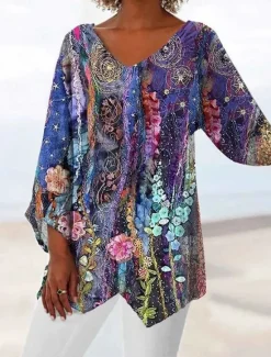 Discount Women's Blouse Long Sleeve Asymmetrical Hem Floral Graphic Hawaiian Stylish Casual V Neck Regular Tops Daily Holiday Going out Print Blue Purple Summer Spring Women Blouses & Shirts