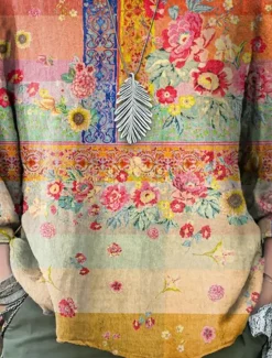 Outlet Women's Blouse Long Sleeve Floral Graphic Bohemia Daily Ethnic 3/4 Length Sleeve Crew Neck Boat Neck Regular Tops Daily Holiday Vacation Wear Print Summer Spring Women Blouses & Shirts