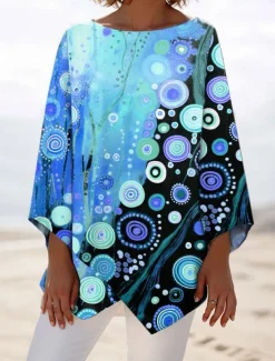 Clearance Women's Blouse Long Sleeve Asymmetrical Hem Ombre Graphic Polka Dot Stylish Beach 3/4 Length Sleeve Crew Neck Regular Tops Daily Print Pink Blue Orange Spring Fall Women Blouses & Shirts