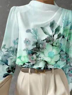 Women's Blouse Long Sleeve Fashion Floral Print Regular Tops Crew Neck Work White Pink Blue Green Spring & Fall Women Spring Tops