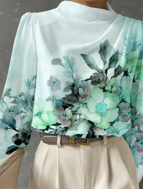 Women's Blouse Long Sleeve Fashion Floral Print Regular Tops Crew Neck Work White Pink Blue Green Spring & Fall Women Spring Tops