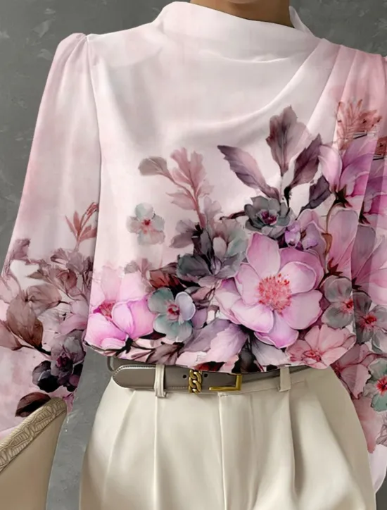 Women's Blouse Long Sleeve Fashion Floral Print Regular Tops Crew Neck Work White Pink Blue Green Spring & Fall Women Spring Tops