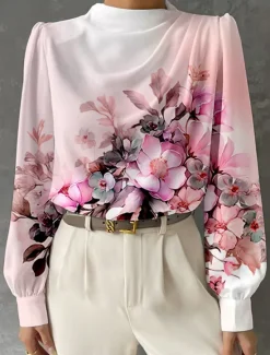 Women's Blouse Long Sleeve Fashion Floral Print Regular Tops Crew Neck Work White Pink Blue Green Spring & Fall Women Spring Tops