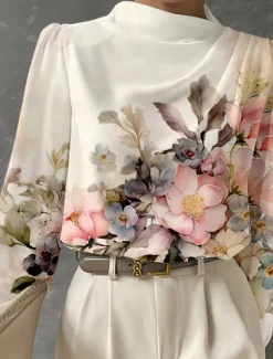 Women's Blouse Long Sleeve Fashion Floral Print Regular Tops Crew Neck Work White Pink Blue Green Spring & Fall Women Spring Tops