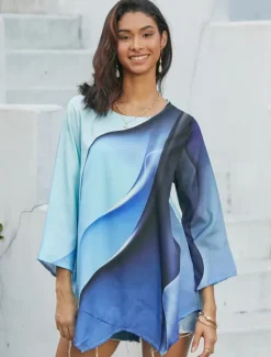 Clearance Women's Blouse Long Sleeve Asymmetrical Hem Chiffon Daily Basic Neon & Bright Abstract Print Long Tops Round Neck Casual Fall & Winter Women Chiffon Tops