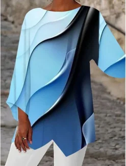 Clearance Women's Blouse Long Sleeve Asymmetrical Hem Chiffon Daily Basic Neon & Bright Abstract Print Long Tops Round Neck Casual Fall & Winter Women Chiffon Tops