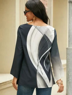 New Women's Blouse Long Sleeve Asymmetrical Hem Chiffon Basic Butterfly Print Regular Tops Round Neck Casual White Gray Spring Fall Women Chiffon Tops