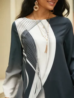 New Women's Blouse Long Sleeve Asymmetrical Hem Chiffon Basic Butterfly Print Regular Tops Round Neck Casual White Gray Spring Fall Women Chiffon Tops