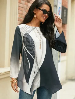 New Women's Blouse Long Sleeve Asymmetrical Hem Chiffon Basic Butterfly Print Regular Tops Round Neck Casual White Gray Spring Fall Women Chiffon Tops