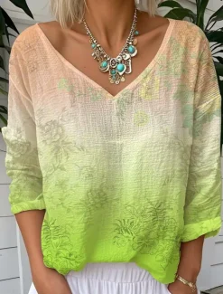 Discount Women's Blouse Ombre Floral Graphic Vintage Tropical Stylish 3/4 Length Sleeve V Neck Regular Tops Daily Going out Weekend Light Green Pink Summer Spring Women T-Shirts