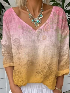 Discount Women's Blouse Ombre Floral Graphic Vintage Tropical Stylish 3/4 Length Sleeve V Neck Regular Tops Daily Going out Weekend Light Green Pink Summer Spring Women T-Shirts