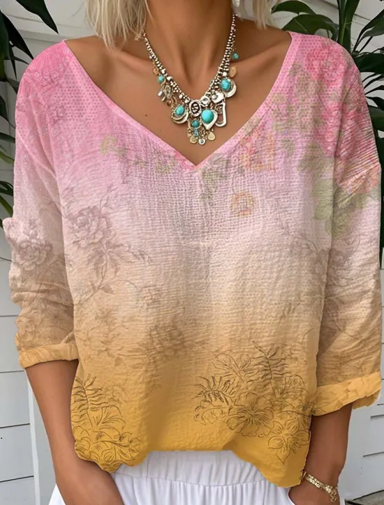 Discount Women's Blouse Ombre Floral Graphic Vintage Tropical Stylish 3/4 Length Sleeve V Neck Regular Tops Daily Going out Weekend Light Green Pink Summer Spring Women T-Shirts