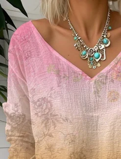 Discount Women's Blouse Ombre Floral Graphic Vintage Tropical Stylish 3/4 Length Sleeve V Neck Regular Tops Daily Going out Weekend Light Green Pink Summer Spring Women T-Shirts