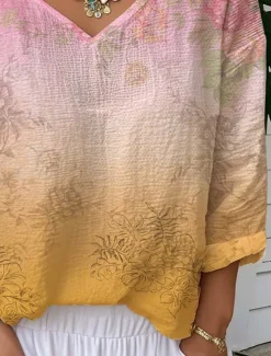 Discount Women's Blouse Ombre Floral Graphic Vintage Tropical Stylish 3/4 Length Sleeve V Neck Regular Tops Daily Going out Weekend Light Green Pink Summer Spring Women T-Shirts