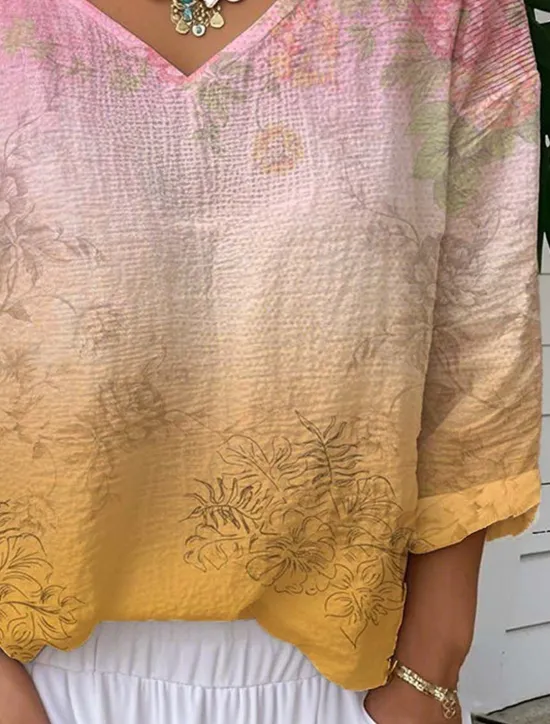 Discount Women's Blouse Ombre Floral Graphic Vintage Tropical Stylish 3/4 Length Sleeve V Neck Regular Tops Daily Going out Weekend Light Green Pink Summer Spring Women T-Shirts