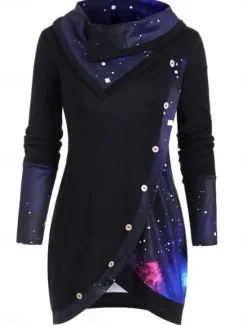 Online Women's Blouse Ombre Stylish Casual Long Sleeve Cowl Neck Long Tops Daily Buttons Print Black Purple Green Spring Fall Winter Women Blouses & Shirts