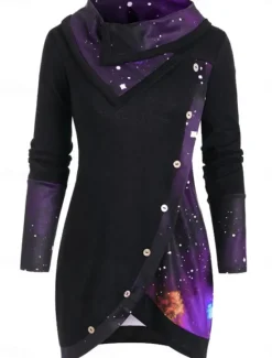 Online Women's Blouse Ombre Stylish Casual Long Sleeve Cowl Neck Long Tops Daily Buttons Print Black Purple Green Spring Fall Winter Women Blouses & Shirts