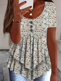Outlet Women's Blouse Peplum Floral Stylish Casual Short Sleeve Crew Neck Regular Tops Daily Ruffle Buttons Print White Pink Red Navy Blue Blue Summer Spring Women Blouses & Shirts