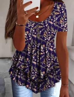 Outlet Women's Blouse Peplum Floral Stylish Casual Short Sleeve Crew Neck Regular Tops Daily Ruffle Buttons Print White Pink Red Navy Blue Blue Summer Spring Women Blouses & Shirts