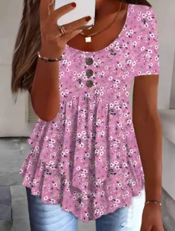 Outlet Women's Blouse Peplum Floral Stylish Casual Short Sleeve Crew Neck Regular Tops Daily Ruffle Buttons Print White Pink Red Navy Blue Blue Summer Spring Women Blouses & Shirts