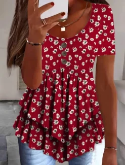 Outlet Women's Blouse Peplum Floral Stylish Casual Short Sleeve Crew Neck Regular Tops Daily Ruffle Buttons Print White Pink Red Navy Blue Blue Summer Spring Women Blouses & Shirts