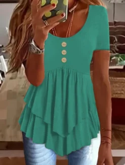 Clearance Women's Blouse Peplum Solid Color Stylish Casual Short Sleeve Crew Neck Regular Tops Daily Ruffle Buttons Black White Blue Orange Green Summer Spring Women Blouses & Shirts