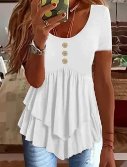 Clearance Women's Blouse Peplum Solid Color Stylish Casual Short Sleeve Crew Neck Regular Tops Daily Ruffle Buttons Black White Blue Orange Green Summer Spring Women Blouses & Shirts