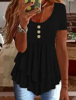 Clearance Women's Blouse Peplum Solid Color Stylish Casual Short Sleeve Crew Neck Regular Tops Daily Ruffle Buttons Black White Blue Orange Green Summer Spring Women Blouses & Shirts