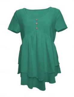 Clearance Women's Blouse Peplum Solid Color Stylish Casual Short Sleeve Crew Neck Regular Tops Daily Ruffle Buttons Black White Blue Orange Green Summer Spring Women Blouses & Shirts