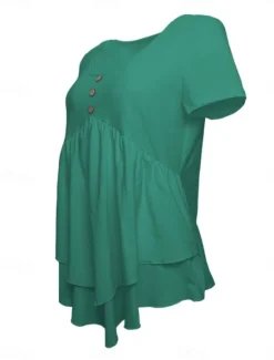 Clearance Women's Blouse Peplum Solid Color Stylish Casual Short Sleeve Crew Neck Regular Tops Daily Ruffle Buttons Black White Blue Orange Green Summer Spring Women Blouses & Shirts