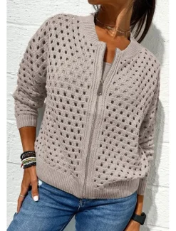 Clearance Women's Blouse Plain Basic Modern Long Sleeve Crew Neck Regular Tops Daily Holiday Going out Zipper Black White Pink Wine Army Green Summer Women Jackets